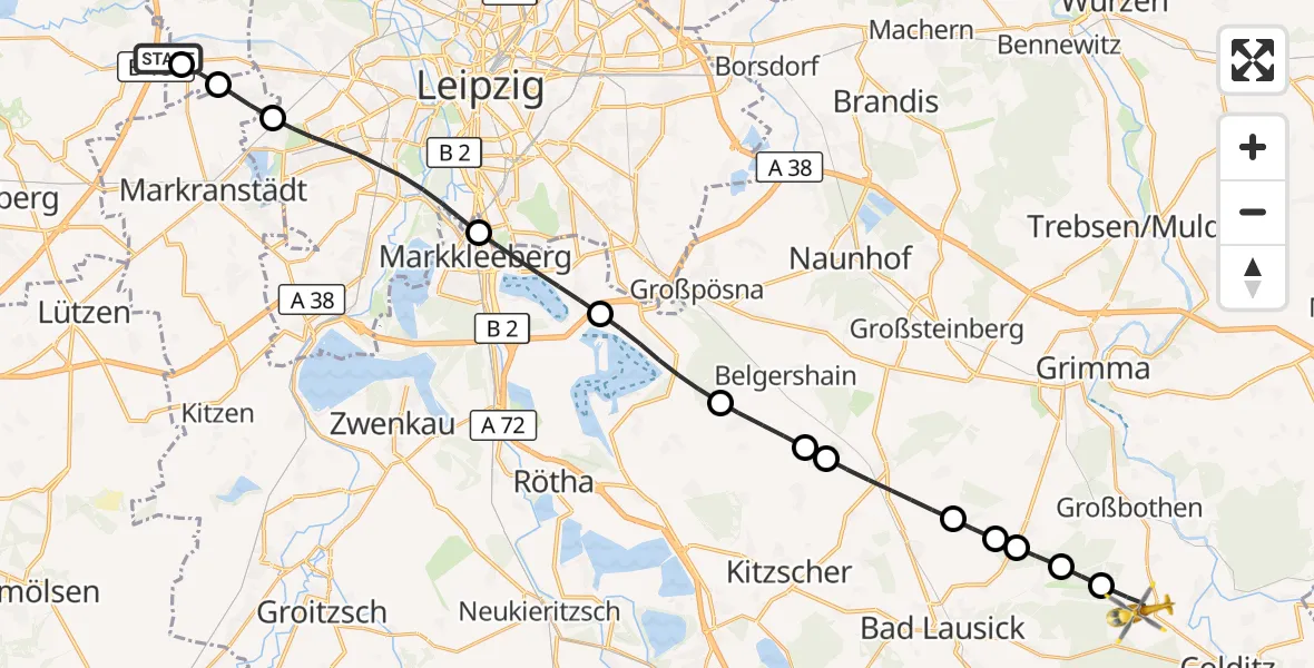 Flugroute Rettungshubschrauber ADAC Air Rescue Station Leipzig/Schkeuditz-Dölzig Hubschrauberlandeplatz (Christoph 61) - Colditz, 31 Juli 2026, 17:08