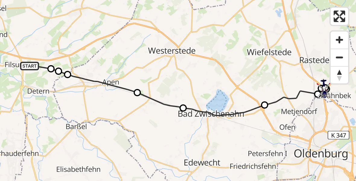 Flugroute Polizeihubschrauber Filsum - Oldenburg Police Hubschrauberlandeplatz, 31 Juli 2026, 17:12