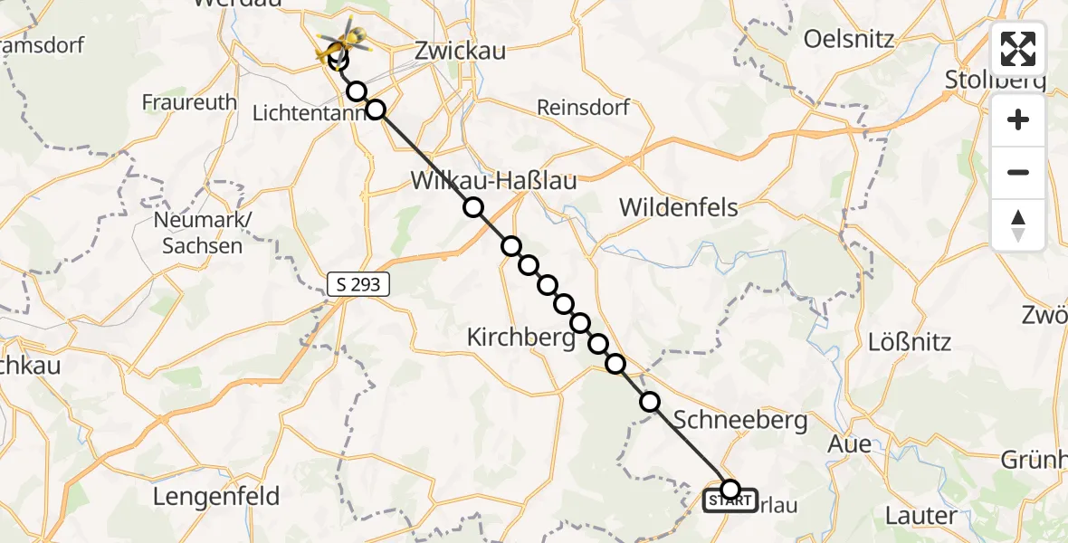 Flugroute Rettungshubschrauber Zschorlau - ADAC Air Rescue Station Zwickau Hubschrauberlandeplatz, 31 Juli 2026, 17:20