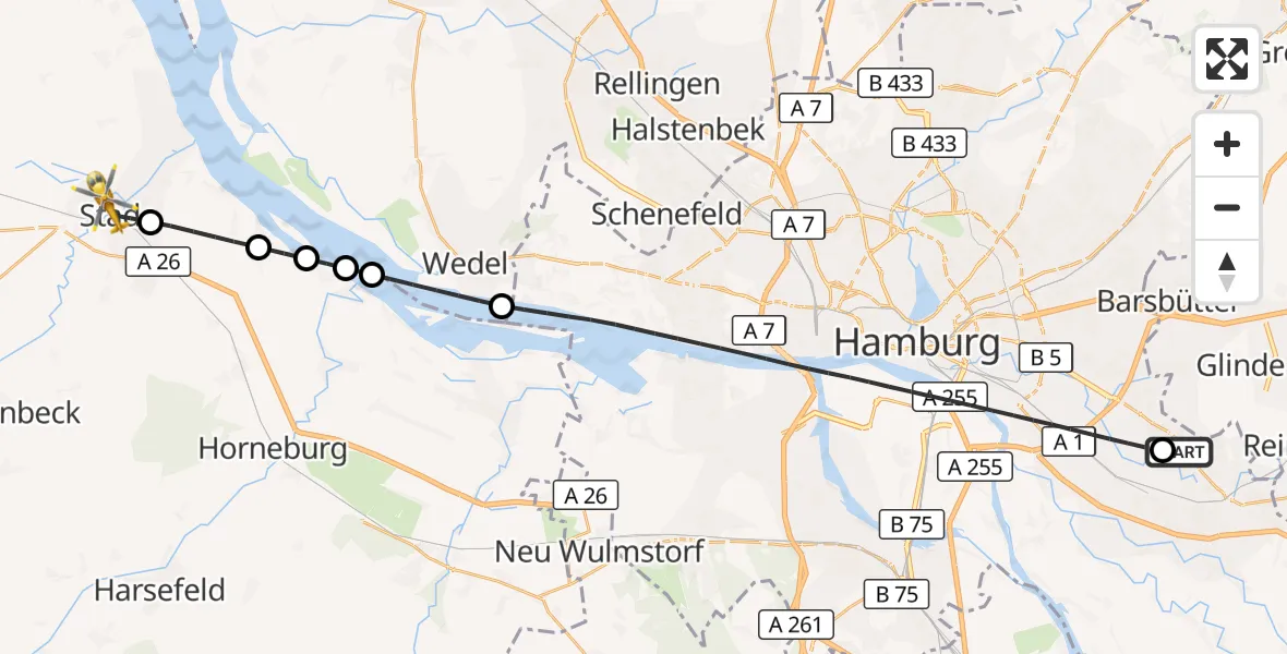 Flugroute Ambulanzhubschrauber Christoph Hansa ADAC Hubschrauberlandeplatz - Stade, 31 Juli 2026, 17:24