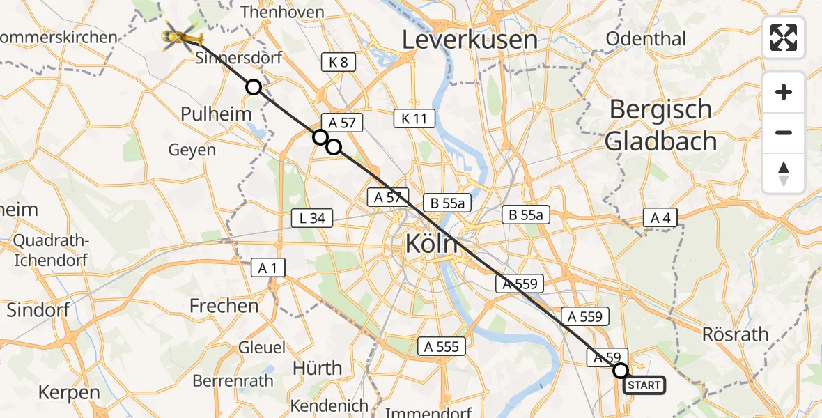 Flugroute Rettungshubschrauber Köln Bonn Flughafen - Pulheim, 31 Juli 2026, 17:24