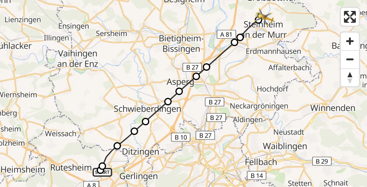 Flugroute Rettungshubschrauber Leonberg Hospital - Steinheim an der Murr, 31 Juli 2026, 17:29