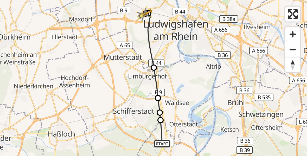 Flugroute Rettungshubschrauber Speyer - Ludwigshafen Accident Hospital, 31 Juli 2026, 17:34