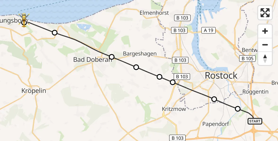 Flugroute Ambulanzhubschrauber Dummerstorf - Kühlungsborn, 31 Juli 2026, 17:34