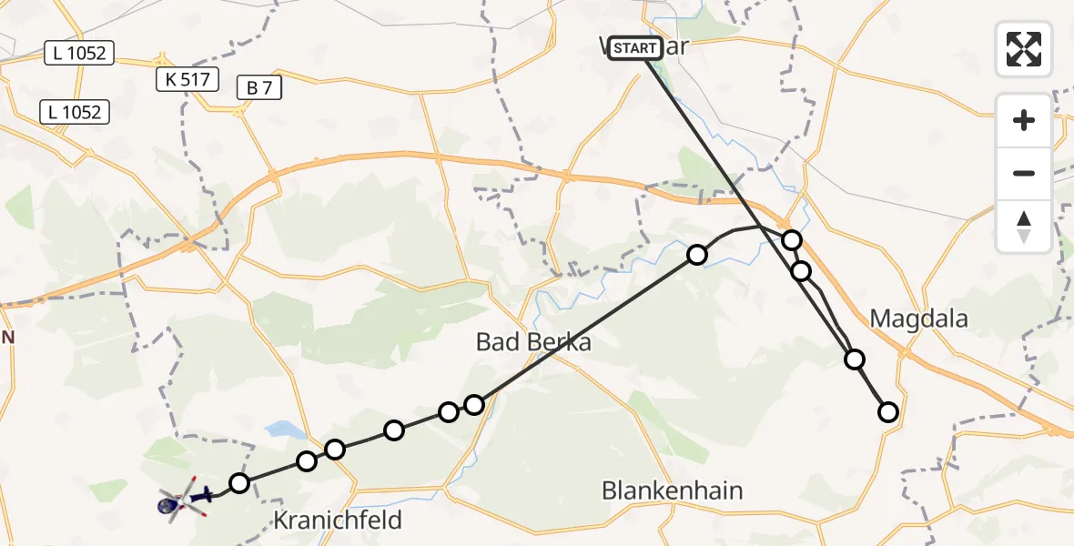 Flugroute Polizeihubschrauber Weimar - Osthausen-Wülfershausen, 31 Juli 2026, 17:42