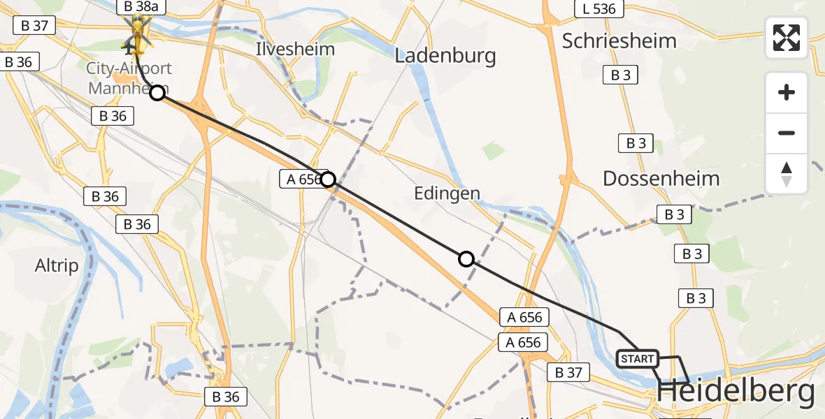 Flugroute Rettungshubschrauber Heidelberg - Mannheim-City Flughafen, 31 Juli 2026, 17:43