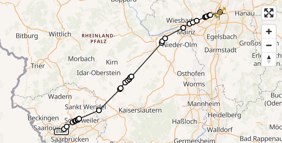 Flugroute Ambulanzhubschrauber Püttlingen - Agaplesion Markus Hospital, 31 Juli 2026, 17:44