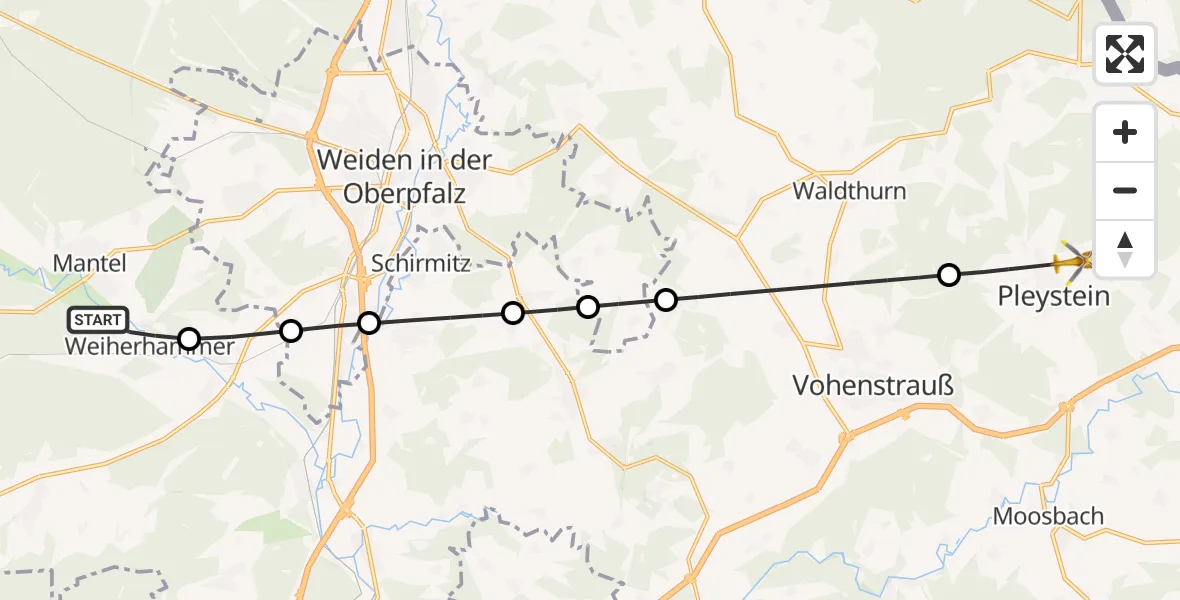 Flugroute Ambulanzhubschrauber Weiherhammer - Pleystein, 31 Juli 2026, 17:48