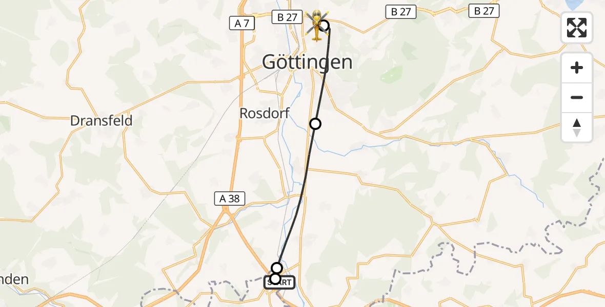 Flugroute Rettungshubschrauber Friedland - Göttingen University Clinic Hubschrauberlandeplatz, 31 Juli 2026, 17:49