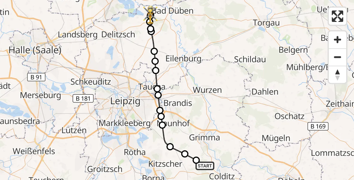 Flugroute Rettungshubschrauber Bad Lausick - Löbnitz, 31 Juli 2026, 17:52