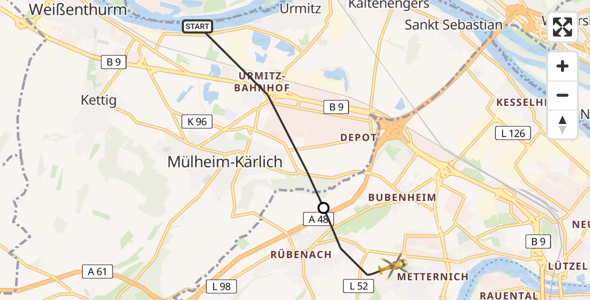 Flugroute Rettungshubschrauber Mülheim-Kärlich - Koblenz, 31 Juli 2026, 17:54