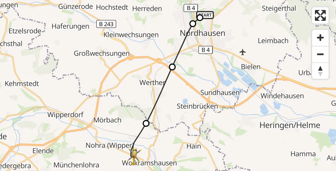 Flugroute Rettungshubschrauber Südharz Hospital Nordhausen - Bleicherode, 31 Juli 2026, 17:56