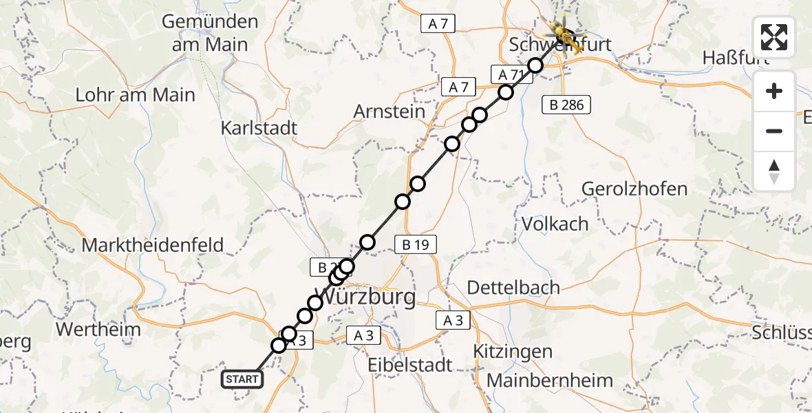 Flugroute Ambulanzhubschrauber Altertheim - Leopoldina Schweinfurt City Hospital, 31 Juli 2026, 17:58