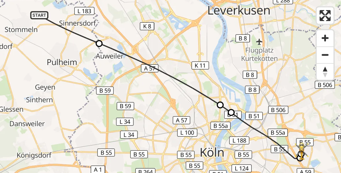 Flugroute Rettungshubschrauber Pulheim - Merheim Hospital, 31 Juli 2026, 18:04