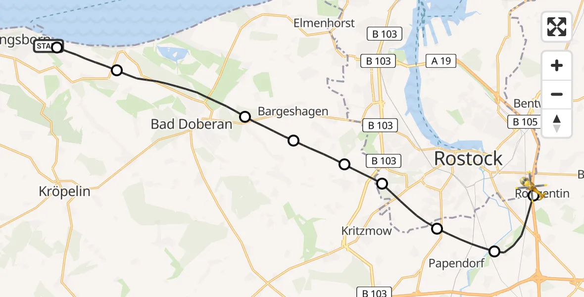 Flugroute Ambulanzhubschrauber Kühlungsborn - Roggentin, 31 Juli 2026, 18:05