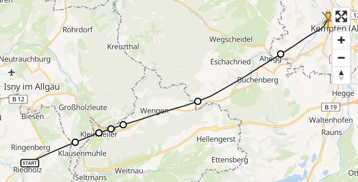 Flugroute Rettungshubschrauber Maierhöfen - Kempten (Allgäu), 31 Juli 2026, 18:09