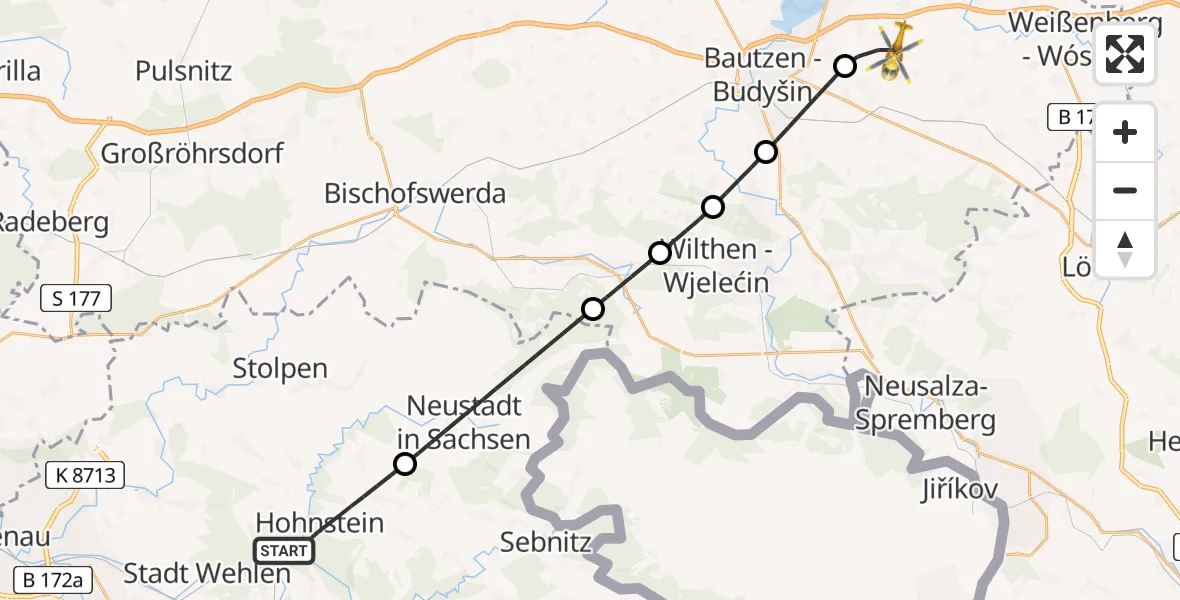 Flugroute Rettungshubschrauber Hohnstein - Bautzen Flugplatz, 31 Juli 2026, 18:16