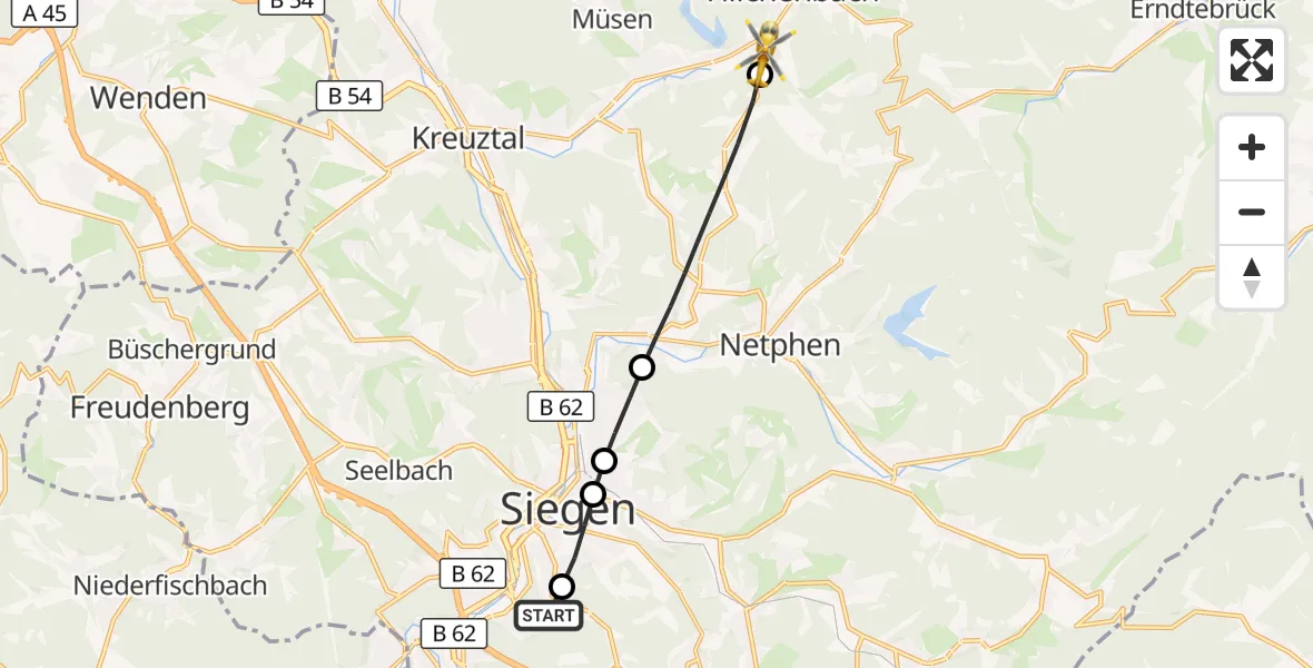 Flugroute Rettungshubschrauber Evangelisches Jung-Stilling Hospital - Hilchenbach, 31 Juli 2026, 18:24