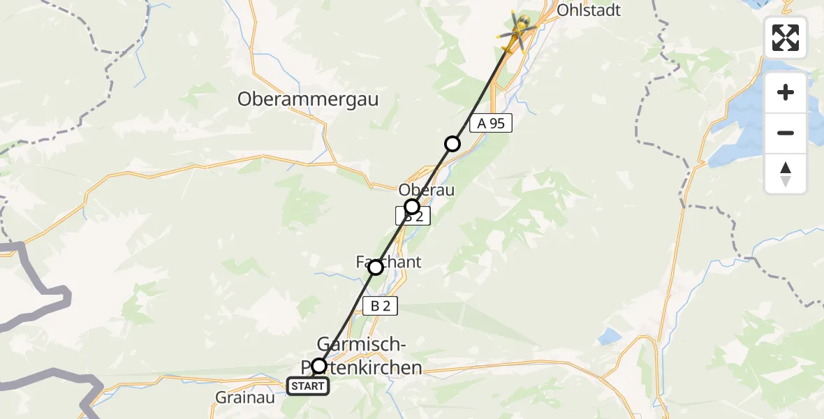 Flugroute Rettungshubschrauber Sheridan Barracks Hubschrauberlandeplatz - Eschenlohe Flugplatz, 31 Juli 2026, 18:25