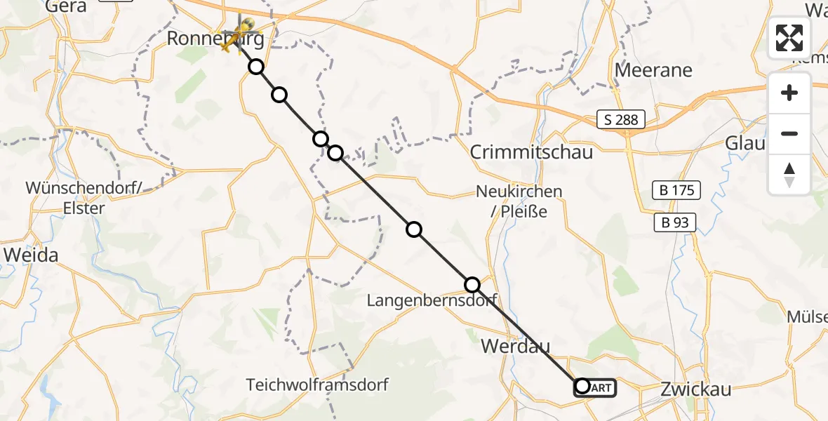 Flugroute Rettungshubschrauber ADAC Air Rescue Station Zwickau Hubschrauberlandeplatz - Ronneburg, 31 Juli 2026, 18:25