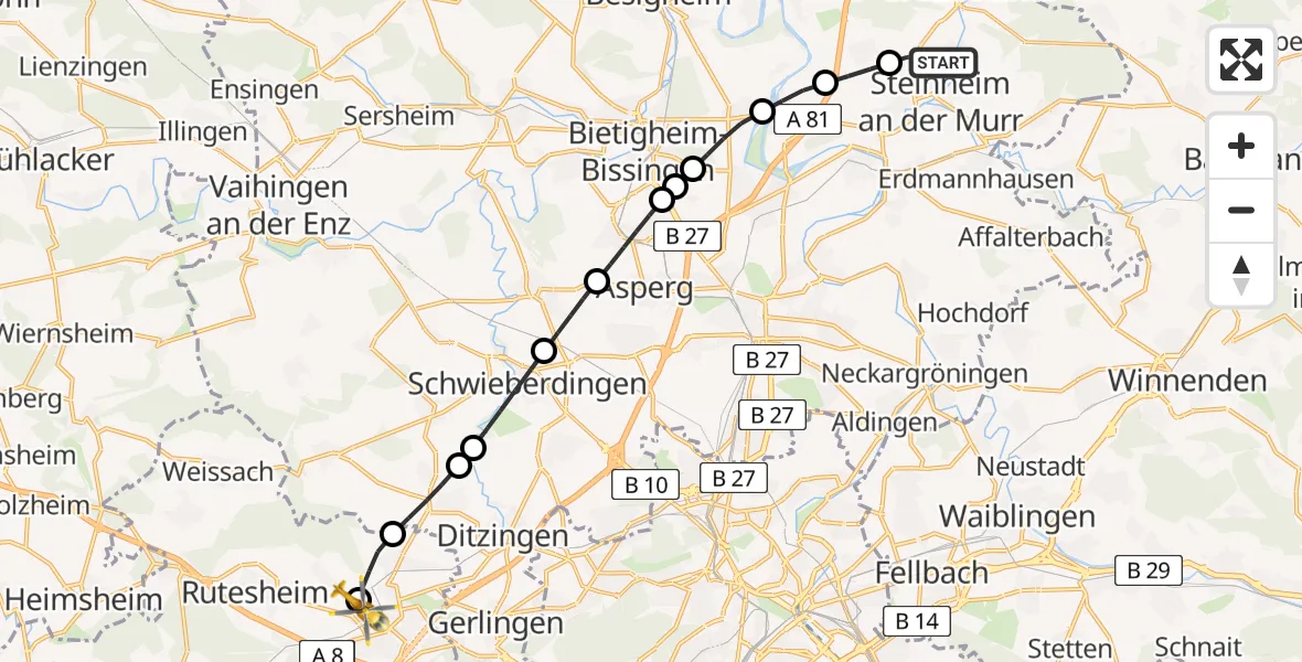 Flugroute Rettungshubschrauber Steinheim an der Murr - Leonberg Hospital, 31 Juli 2026, 18:29