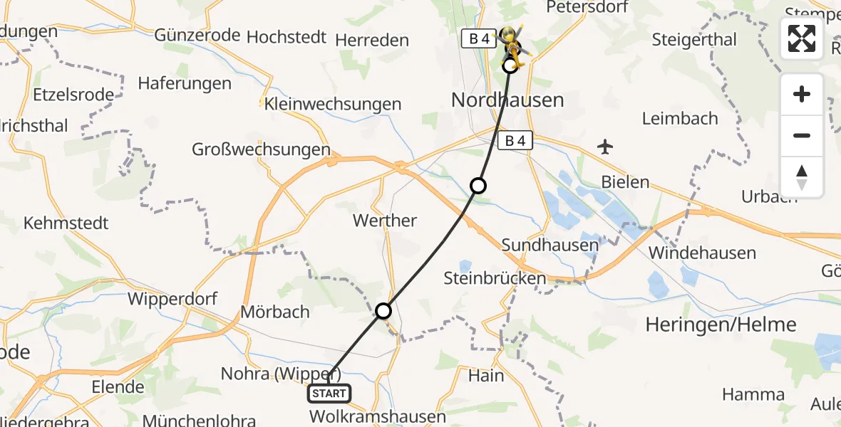 Flugroute Rettungshubschrauber Bleicherode - Südharz Hospital Nordhausen, 31 Juli 2026, 18:29