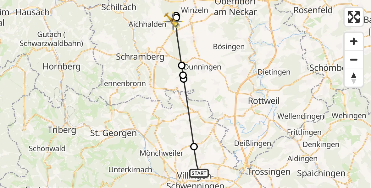 Flugroute Ambulanzhubschrauber Villingen-Schwenningen - Schramberg, 31 Juli 2026, 18:31