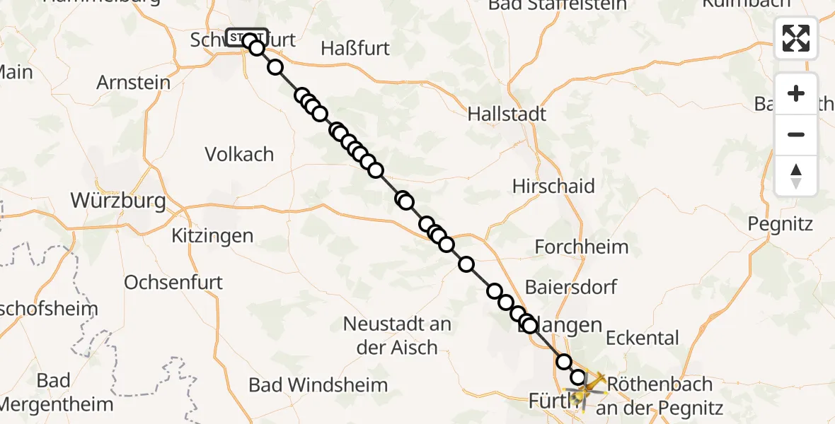 Flugroute Ambulanzhubschrauber Leopoldina Schweinfurt City Hospital - Flughafen Nuremberg, 31 Juli 2026, 18:32