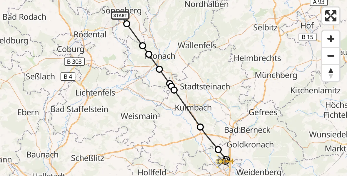 Flugroute Ambulanzhubschrauber Sonneberg - Hohe Warte Hospital, 31 Juli 2026, 18:44