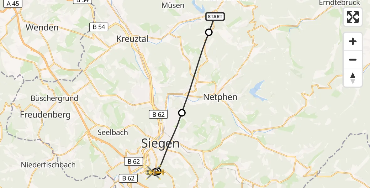 Flugroute Rettungshubschrauber Hilchenbach - Evangelisches Jung-Stilling Hospital, 31 Juli 2026, 18:52
