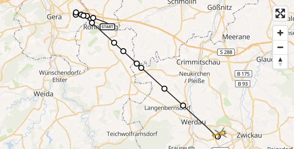 Flugroute Rettungshubschrauber Ronneburg - ADAC Air Rescue Station Zwickau Hubschrauberlandeplatz, 31 Juli 2026, 19:03