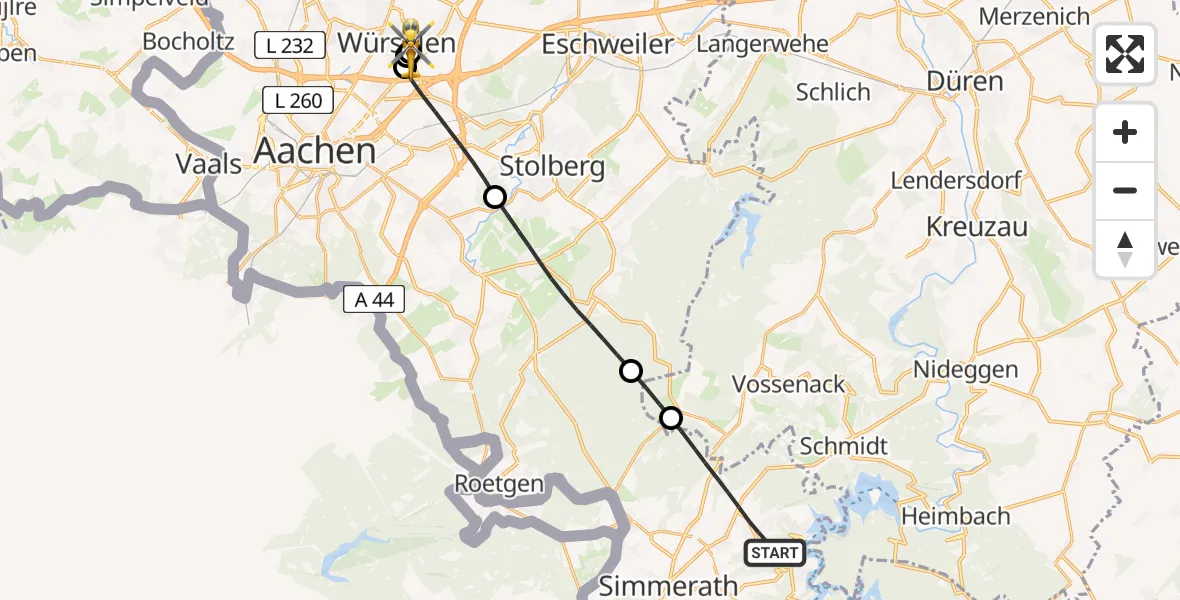 Flugroute Rettungshubschrauber Simmerath - Rhein-Maas Hospital, 31 Juli 2026, 19:16