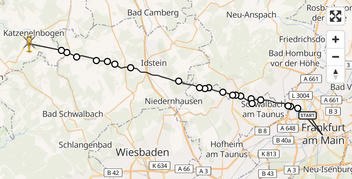 Flugroute Ambulanzhubschrauber Frankfurt am Main - Mittelfischbach, 31 Juli 2026, 19:24