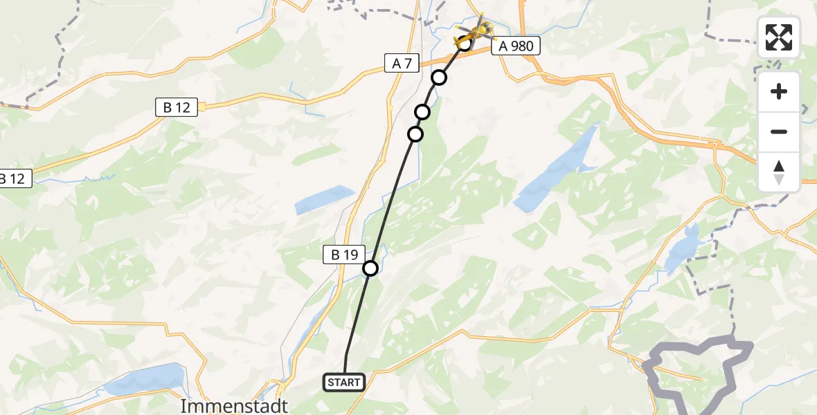 Flugroute Rettungshubschrauber Rettenberg - Kempten-Durach Flugplatz, 31 Juli 2026, 19:34