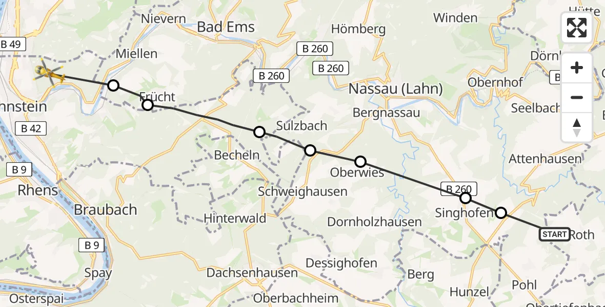 Flugroute Ambulanzhubschrauber Roth - Lahnstein, 31 Juli 2026, 19:39