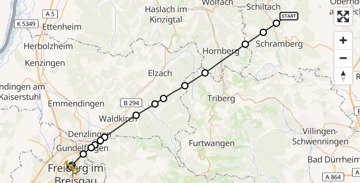 Flugroute Ambulanzhubschrauber Aichhalden - Freiburg University Hospital Heliport 1, 31 Juli 2026, 19:40