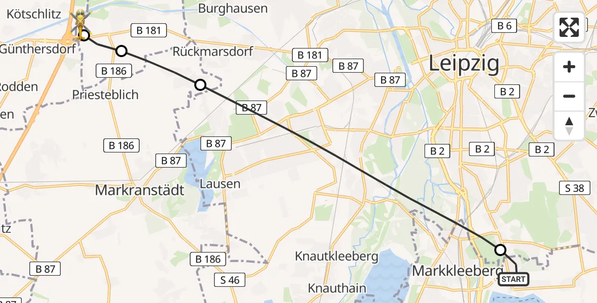 Flugroute Rettungshubschrauber Markkleeberg - ADAC Air Rescue Station Leipzig/Schkeuditz-Dölzig Hubschrauberlandeplatz (Christoph 61), 31 Juli 2026, 19:48