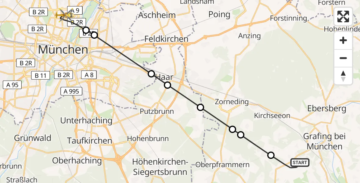 Flugroute Rettungshubschrauber Bruck - München, 31 Juli 2026, 19:52