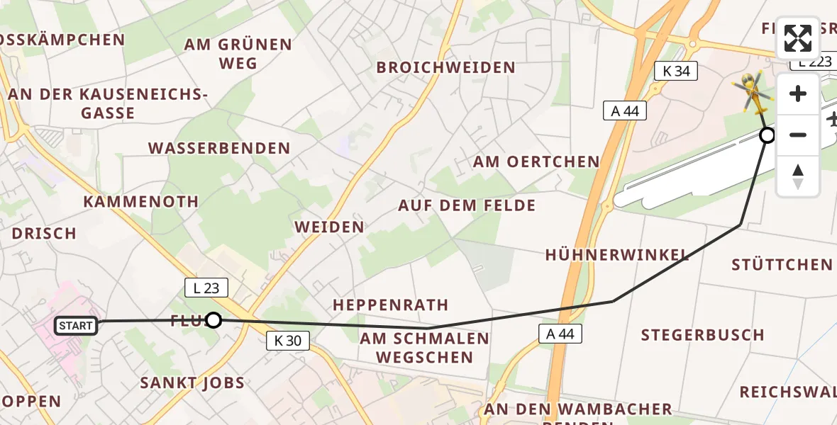 Flugroute Rettungshubschrauber Rhein-Maas Hospital - Aachen-Merzbrück Flughafen, 31 Juli 2026, 19:54