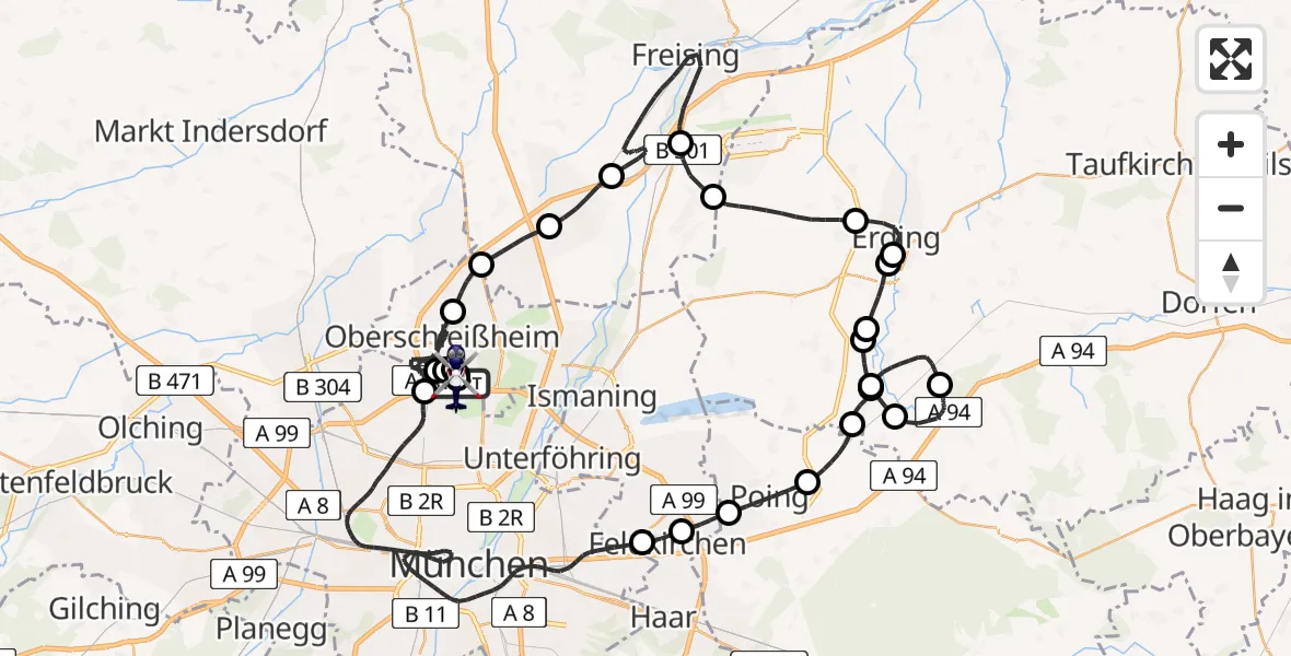 Flugroute Polizeihubschrauber Oberschleißheim - Oberschleißheim, 31 Juli 2026, 19:59
