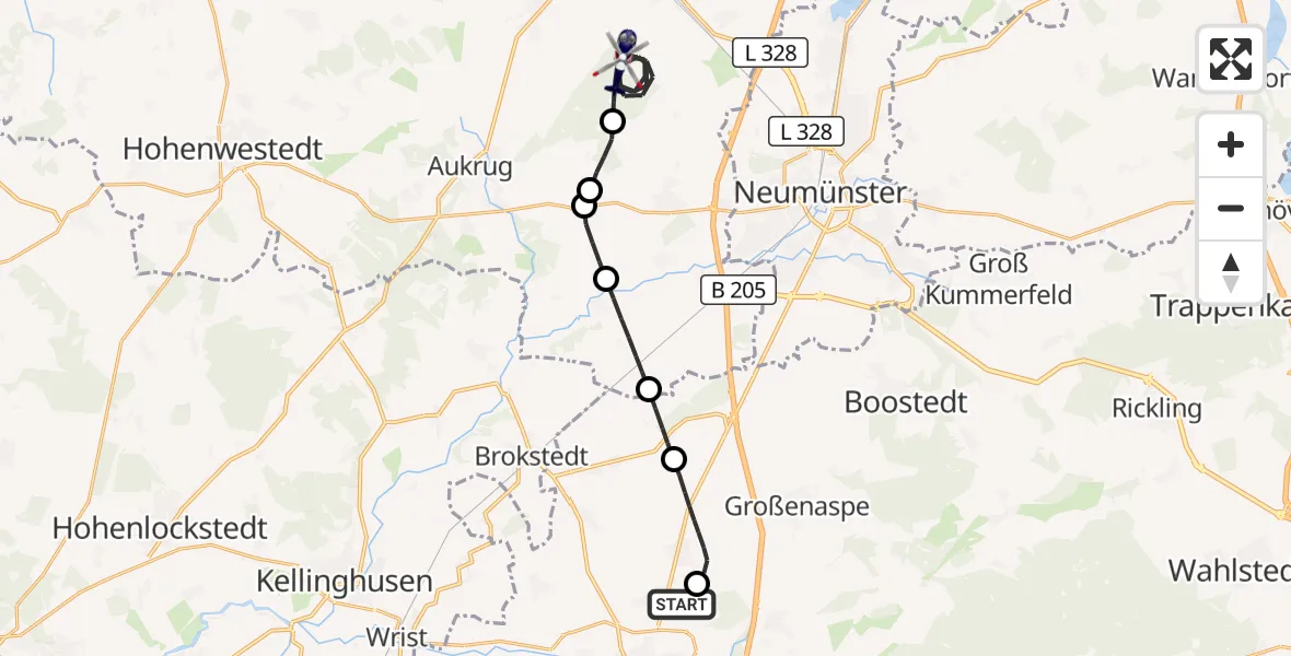 Flugroute Polizeihubschrauber Bad Bramstedt Hubschrauberlandeplatz - Timmaspe, 31 Juli 2026, 20:10
