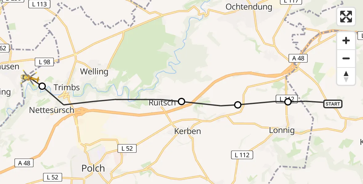 Flugroute Ambulanzhubschrauber Kobern-Gondorf - Trimbs, 31 Juli 2026, 20:17