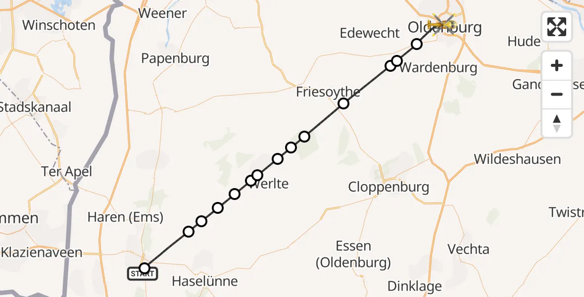 Flugroute Ambulanzhubschrauber Meppen Ludmillenstift Hospital - Oldenburg (Oldb), 31 Juli 2026, 20:42