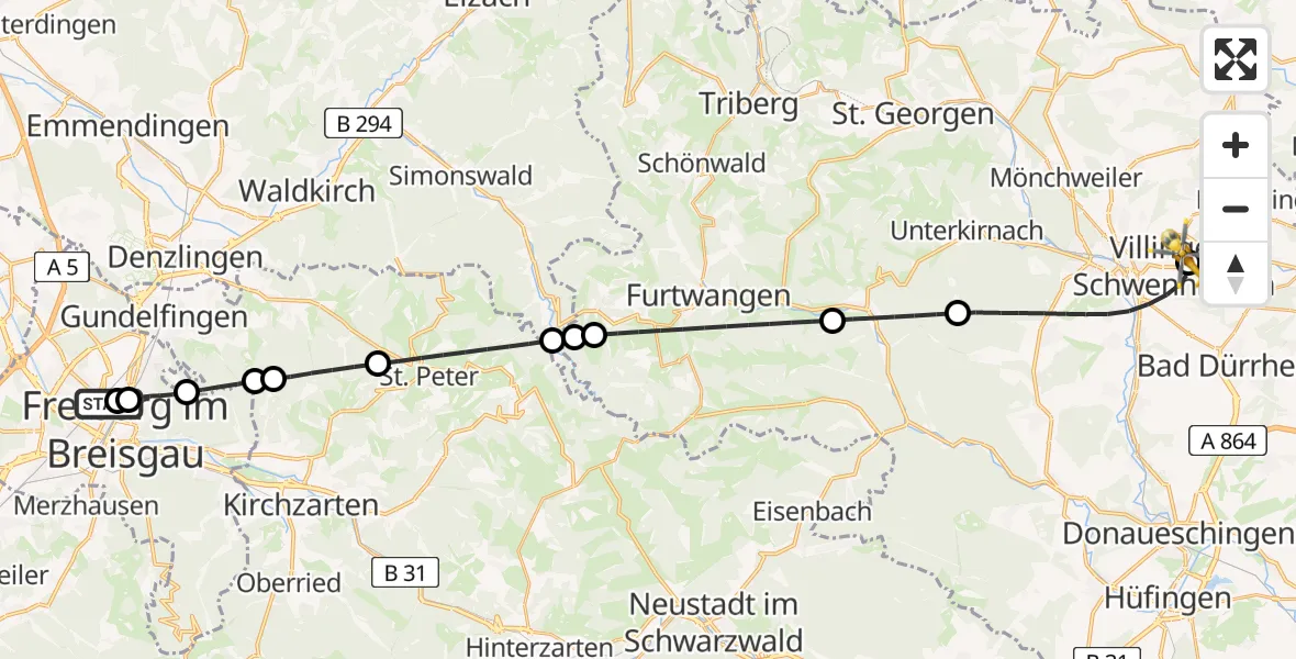 Flugroute Ambulanzhubschrauber Freiburg University Hospital Heliport 1 - DRF Air Rescue Station Villingen-Schwenningen Hubschrauberlandeplatz (Christoph 11), 31 Juli 2026, 20:45