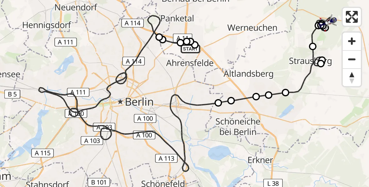Flugroute Polizeihubschrauber Ahrensfelde Hubschrauberlandeplatz - Prötzel, 31 Juli 2026, 21:17