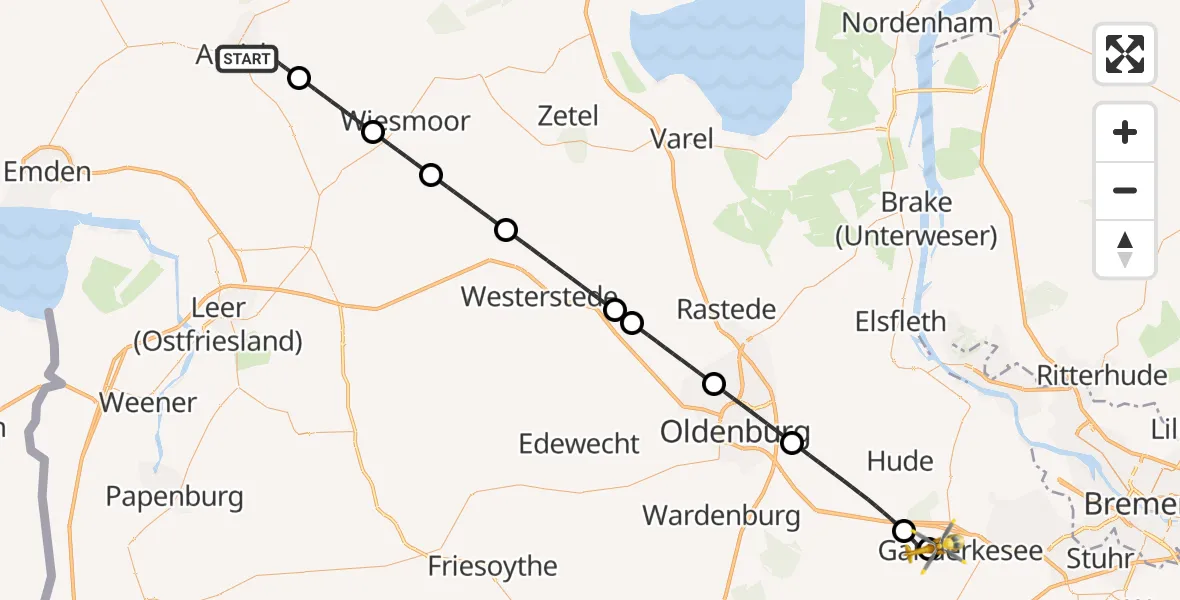 Flugroute Rettungshubschrauber Aurich - Ganderkesee Atlas Flugplatz, 31 Juli 2026, 21:20
