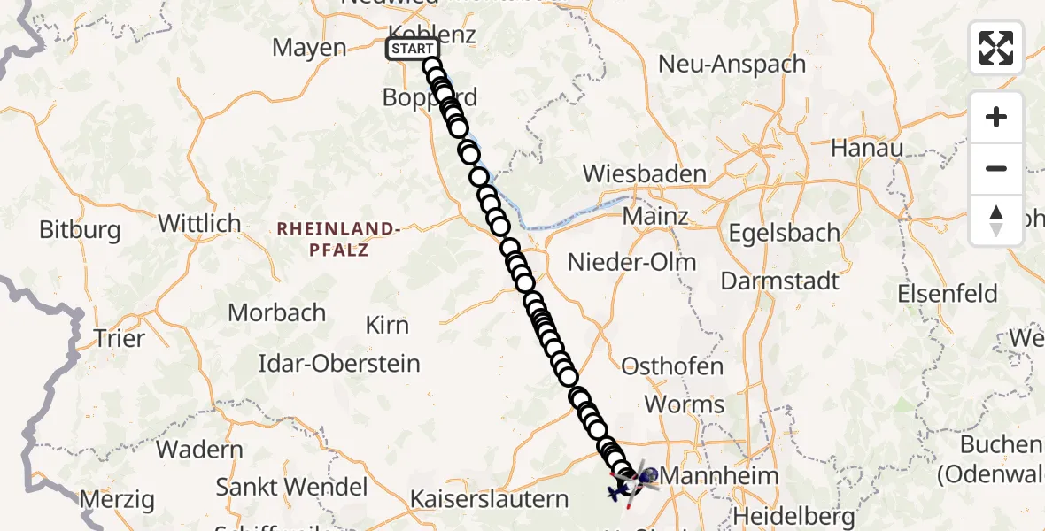 Flugroute Polizeihubschrauber Koblenz - Bad Dürkheim, 31 Juli 2026, 21:31