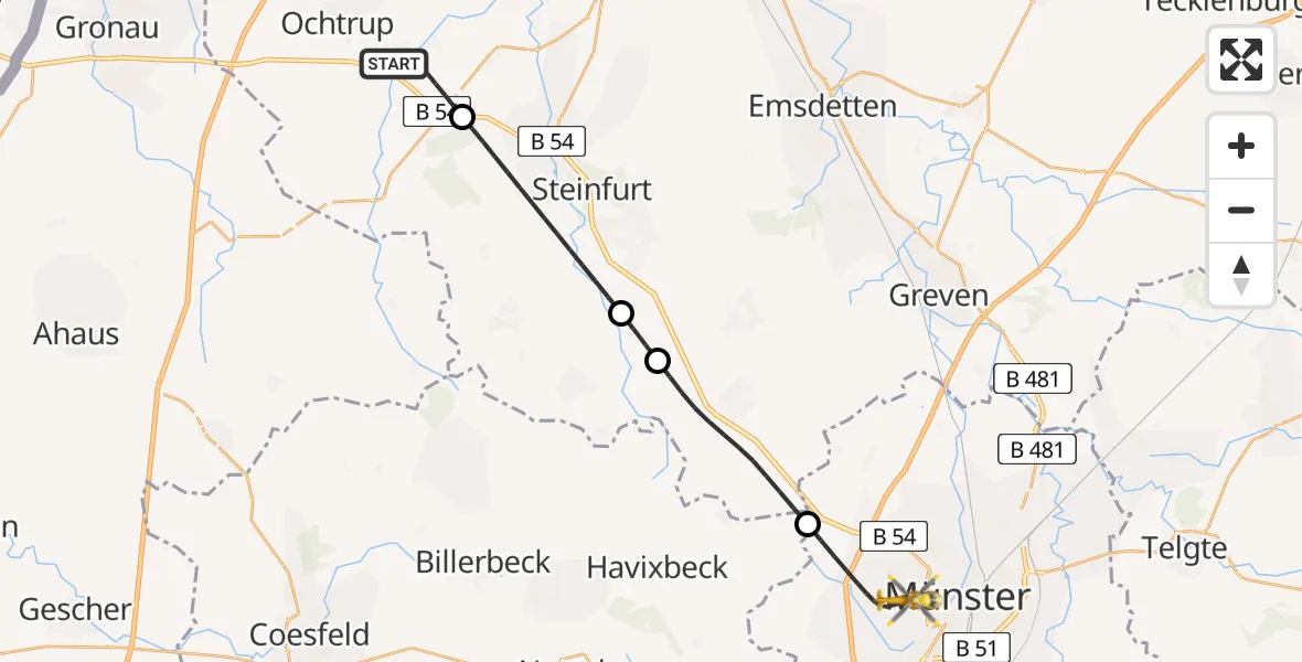 Flugroute Rettungshubschrauber Ochtrup - Münster, 31 Juli 2026, 21:46