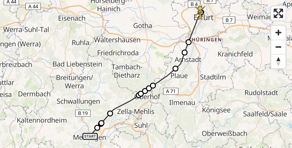 Flugroute Ambulanzhubschrauber Meiningen - Helios Clinic Erfurt, 31 Juli 2026, 21:59