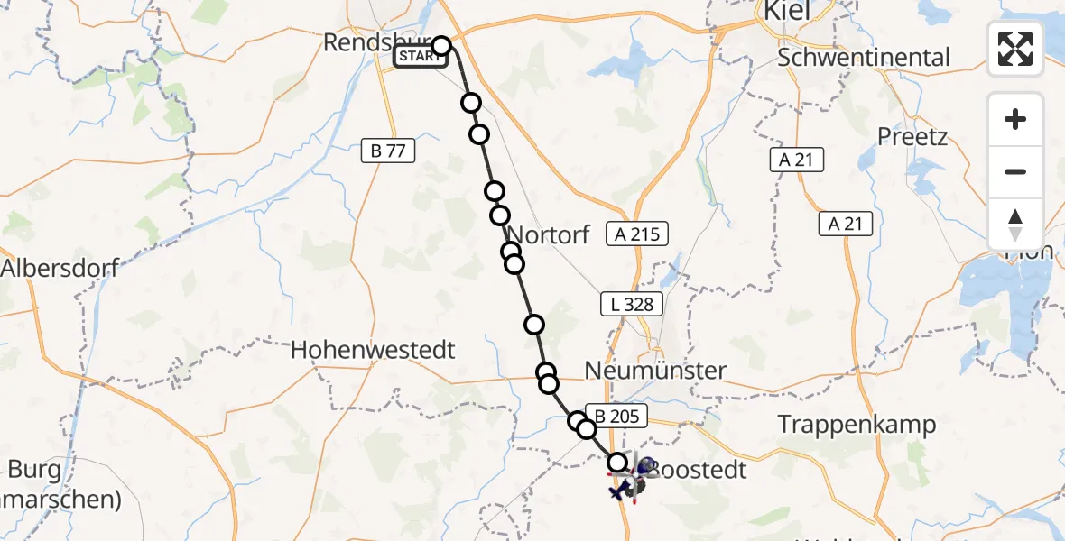 Flugroute Polizeihubschrauber Osterrönfeld - Großenaspe, 31 Juli 2026, 22:10